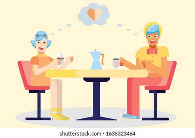 An illustration of a couple drinking coffee. A vector of romance teenager illustration, this illustration can use as a sticker also. 