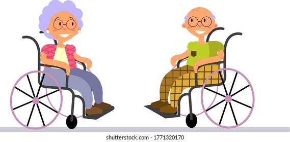 An illustration of a couple of elderly people both in wheelchairs. Grandparants.