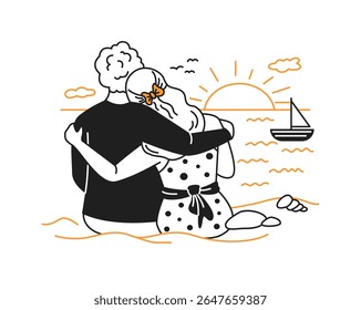Ilustração de um casal abraçando na praia durante um pôr do sol. Eles se encaixam bem com expressões de conteúdo. O sol se põe sobre o oceano, criando uma cena pacífica.