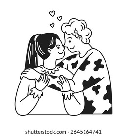 Illustration of a couple embracing with content smiles in a touching moment. Black and white style emphasizes love and connection, with hearts floating above.