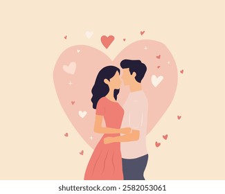 An illustration of a couple embracing each other with a heart-shaped background and surrounded by small heart symbols. This image symbolizes love, romance, and Valentine's Day celebrations