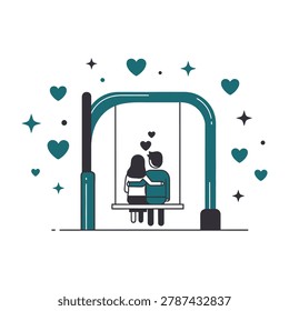 Illustration of couple embracing on swing with hearts and sparkles romantic love concept