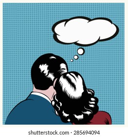 Illustration of a couple embracing  in a pop art,comic style