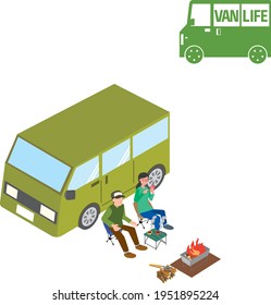 Illustration of a couple enjoying a car trip or outdoor life