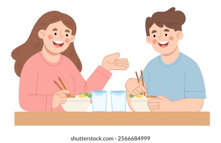 Illustration of a couple enjoying noodles together at the dining table