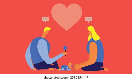 illustration of a couple enjoying a romantic picnic in a scenic outdoor setting, surrounded by a love symbol, symbolizing affection, companionship, and the joy of sharing special moments