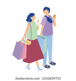 It is an illustration of a couple enjoying shopping.