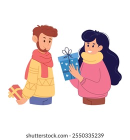 Illustration of a couple exchanging gifts in winter outfits. The woman smiles as she gives a gift, and the man secretly holds another one behind his back. Ideal for holiday, love and celebration theme