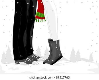 Illustration of a Couple Feet with the Woman kissing the Guy