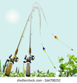 an illustration of a couple of fishing rods with reels, lines, floats, weights, hooks, all ready to go fishing, background with water plants.