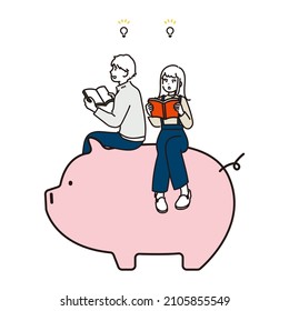 Illustration of a couple flashing while studying money. Vector.