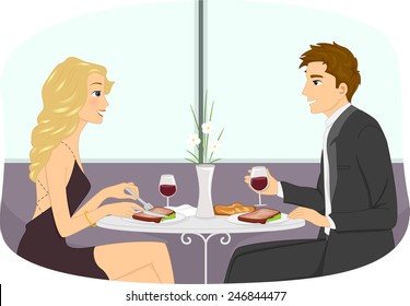 Illustration of a Couple in Formal Attire Having a Romantic Dinner Date