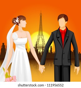 illustration of couple in front of Eiffel Tower