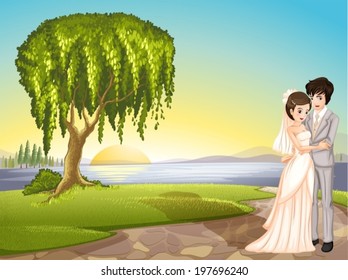 Ilustración de una pareja frente a un árbol