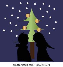 Illustration eines Paares vor einem Baum am Heiligen Abend