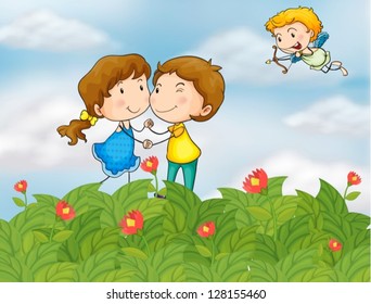 Illustration of a couple in the garden with Mr. Cupid