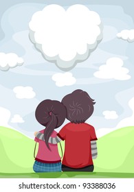 Illustration of a Couple Gazing at the Heart Shaped-cloud