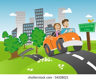 Illustration of a couple getting away from the city for some relaxation.