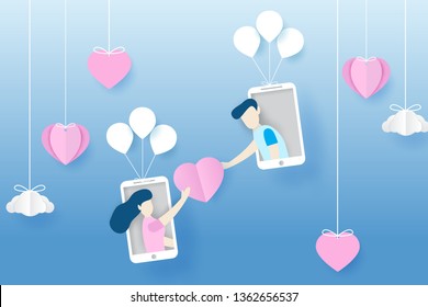 illustration of a couple giving hearts to a smart phone in paper art style