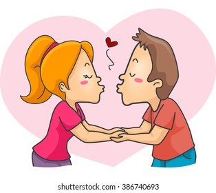 Illustration of a Couple Handling Each Other Hands while Having a Kiss