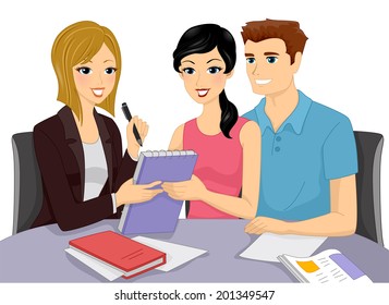 Illustration of a Couple Having a Discussion with a Wedding Planner