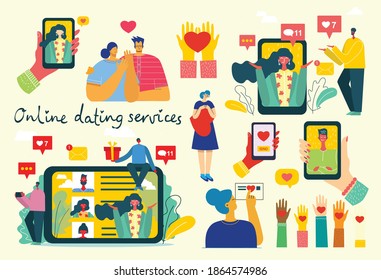 Illustration of a Couple Having an Online Romance in the flat style