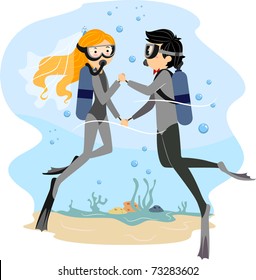 Illustration of a Couple Having an Underwater Wedding