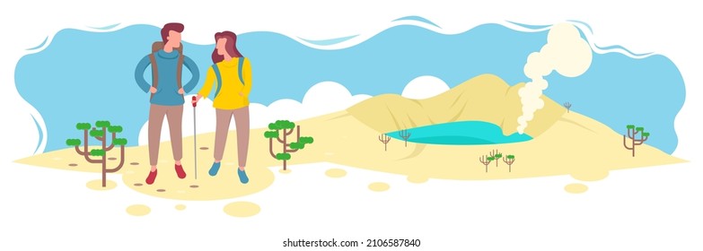 Illustration of a couple hiking the volcano. Young man and woman carrying rucksack looking at each other. Volcano with the green turquoise caldera lake. Climbing the mountain crater.