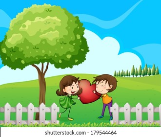 Illustration of a couple at the hilltop near the wooden fence