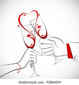 illustration of couple holding glass of wine forming heart shape splash