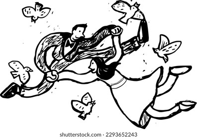 Illustration of a couple holding hands and dancing happily in print style