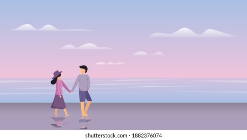 
Illustration of a couple holding hands on a beautiful beach. Background design.