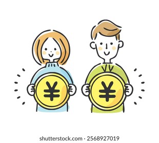 Illustration of a couple holding Japanese money.