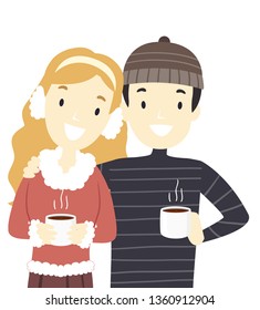 Illustration of a Couple Holding Mugs of Hot Chocolate During Christmas