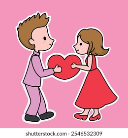 Illustration of a couple holding a red heart on a pink background
