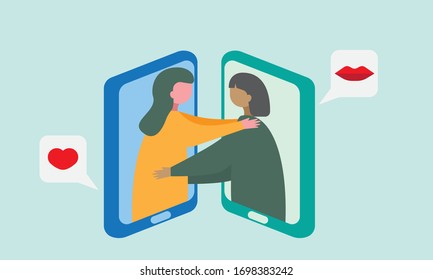 illustration of a couple are hugging via the phone when stay at home in lockdown city on outbreak of virus. flat cartoon vector design.