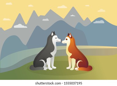 Illustration with a couple of husky dogs who are in love and sitting on the grass near the river and amazing sunset sky with the mountains at the background