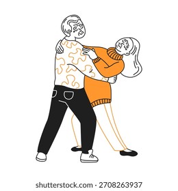 Una ilustración de una pareja bailando alegremente juntos, representada con líneas minimalistas y vibrantes acentos naranjas, transmitiendo calor y felicidad.