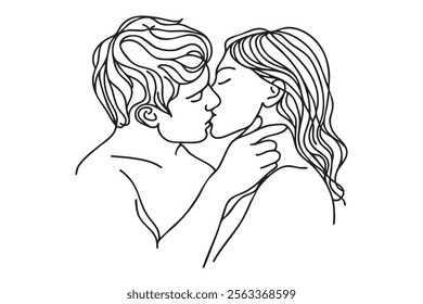 Illustration of couple kissing. One line drawing. Boy and girl kissing in one line style. Vector illustration