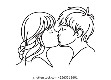 Illustration of couple kissing. One line drawing. Boy and girl kissing in one line style. Vector illustration