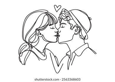 Illustration of couple kissing. One line drawing. Boy and girl kissing in one line style. Vector illustration