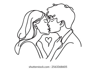 Illustration of couple kissing. One line drawing. Boy and girl kissing in one line style. Vector illustration