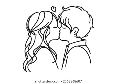 Illustration of couple kissing. One line drawing. Boy and girl kissing in one line style. Vector illustration