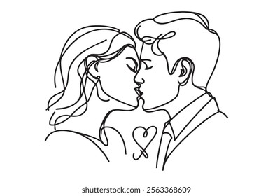 Illustration of couple kissing. One line drawing. Boy and girl kissing in one line style. Vector illustration