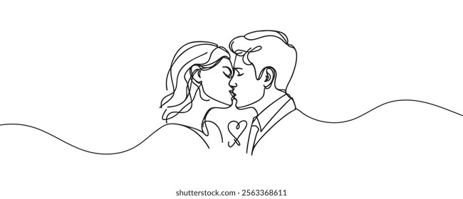 Illustration of couple kissing. One line drawing. Boy and girl kissing in one line style. Vector illustration