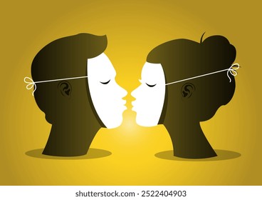 An illustration of a couple kissing while wearing fake masks. love, kissing and fake relationship. Dishonest relations concept