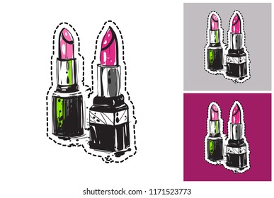 Illustration of couple lipstick. Luxury fashion style clip-art icon for branding, t-shirt print, promo ads. Isolated vector element on white, gray and amaranth purple colors.
