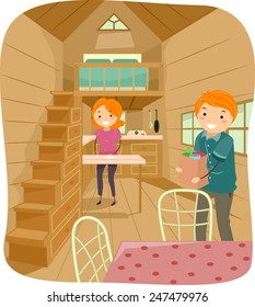 Illustration Of A Couple Living In A Cute Tiny House Going About Their Daily Tasks