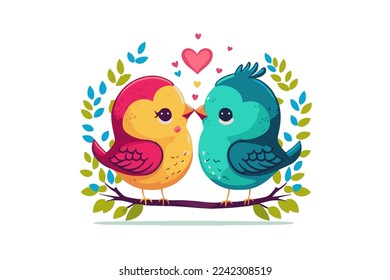 illustration of couple Love Birds perched on a branch of a Tree valentine day theme vector flat color style background