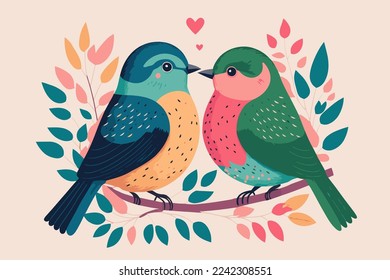 illustration of couple Love Birds perched on a branch of a Tree valentine day theme vector flat color style background